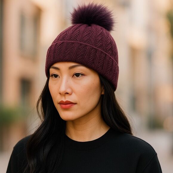 Lululemon Chevron Knit Pom Beanie Cassis Wool Blend Sherpa Lined Winter Hat - Picture 1 of 3